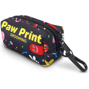 A small black pet bag dispenser with colourful prints and a clip for attachment. It features a zip closure.