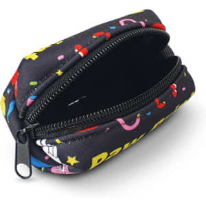 A black pet bag dispenser featuring a vibrant design with colourful patterns and a double zipper. Includes a logo.