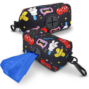 A black pet bag dispenser with colourful cartoon patterns and a blue bag partially pulled out. Features a clip and branding.