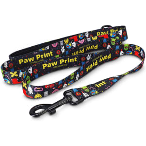 A colourful dog leash featuring various cartoon motifs and a clip for attachment, along with a branding logo.