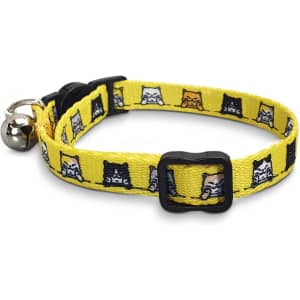 A yellow cat collar featuring illustrated cat patterns and a black buckle, complete with a small bell.