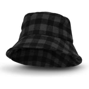 A black and grey checkered bucket hat featuring a wide brim, with a logo on the side.