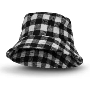 A black and white checkered bucket hat with a wide brim and a branded logo on the side.