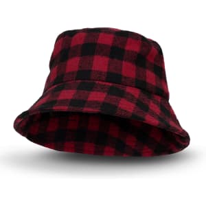 A red and black checkered bucket hat with a wide brim and a logo on the side.