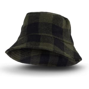A green and black checked Fiordland bucket hat with a wide brim and a logo.