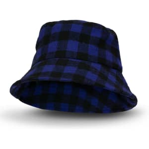 A blue and black checkered bucket hat with a wide brim, featuring a subtle logo on the exterior.