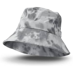 A grey tie-dye bucket hat with a wide brim, featuring a logo on the side.