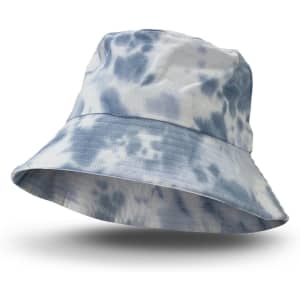 A tie-dye bucket hat in shades of blue, featuring a wide brim and a branded logo.