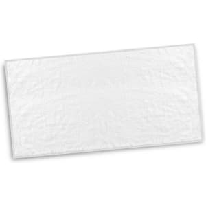 A full-size white beach towel with a textured surface, featuring a logo. Ideal for outdoor activities.
