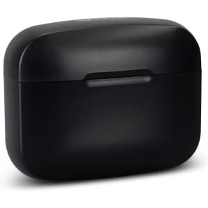 A black charging case for wireless earbuds with a sleek, rounded design and a simple logo.