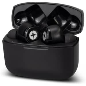 A pair of black ANC TWS earbuds in a charging case, featuring a logo on the earbuds.
