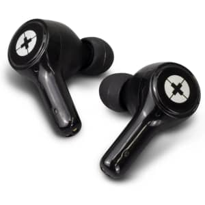 Black wireless earbuds with a sleek design and a logo on the surface.