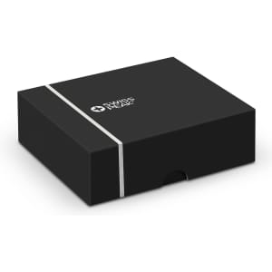 A black box with a silver band, featuring a logo, designed for Swiss Peak ANC TWS Earbuds.