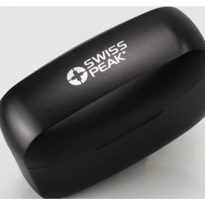 A black charging case for Swiss Peak ANC TWS earbuds with a logo on the front.