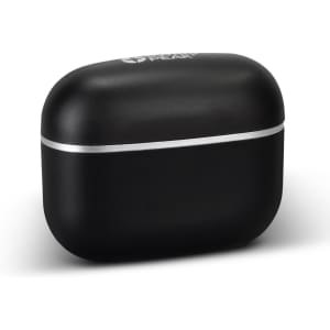 A black charging case for Swiss Peak TWS Earbuds 2.0 with a silver band and logo.