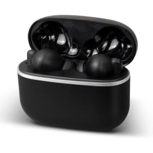A pair of black wireless earbuds in a sleek black charging case, featuring a minimalistic design and branding.