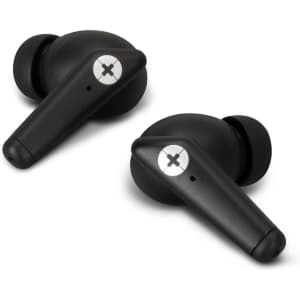 A pair of black TWS earbuds with a sleek design and a circular logo on each earbud.