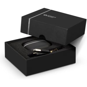 A black gift box open to reveal Swiss Peak TWS Earbuds 2.0 with a charging cable inside.