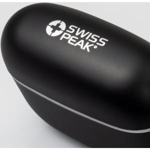 A black charging case for earbuds with a logo, designed for Swiss Peak TWS Earbuds 2.0.