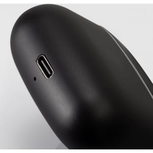 A pair of black TWS earbuds with a charging port, featuring a sleek design and a branding logo.