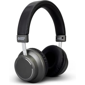 A pair of grey wireless headphones with a black cushioned headband and ear cups, featuring a logo on the side.