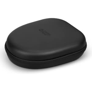 A black hard-shell case featuring a brand logo, designed for wireless headphones.