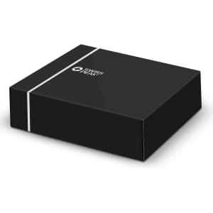 A black box with a sleek design, featuring a logo on the top and a minimalist white stripe.