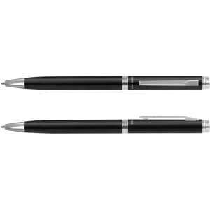 A metal pen set in black with silver accents, featuring a sleek design and a clip for easy attachment.