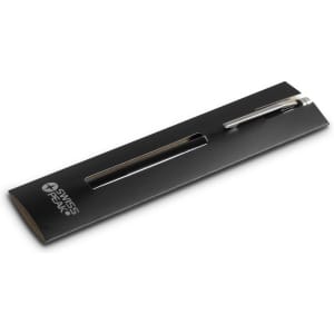 A metal pen in silver, presented in a sleek black packaging with a logo. Ideal for writing tasks.