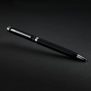 A metal pen in sleek black with silver accents, featuring a branding logo.