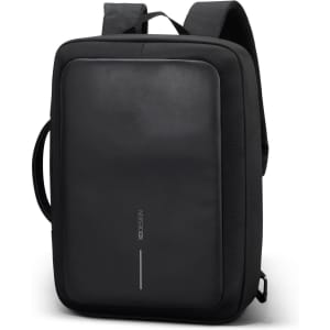 A black anti-theft backpack with a sleek design, featuring both backpack straps and a top handle.