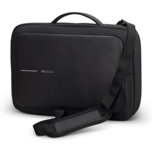 A black anti-theft backpack briefcase featuring a sleek design and an adjustable strap. It has a logo present.