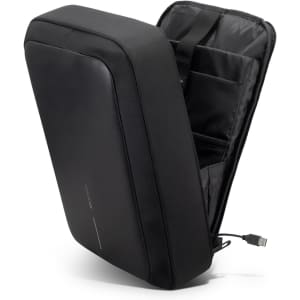 A black anti-theft backpack with a sleek design, featuring an open zipper and organisational pockets inside.