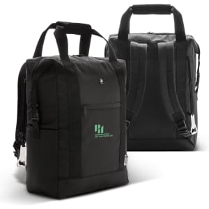 A black cooler totepacks with dual handles and adjustable straps, featuring a logo in a subtle green hue.