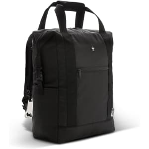 A black cooler totepac with carry handles, shoulder straps, and a front zippered pocket. It features a logo.