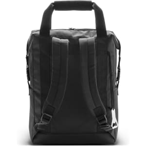 A black cooler totepac with dual adjustable straps and a sturdy handle, featuring a discreet logo.