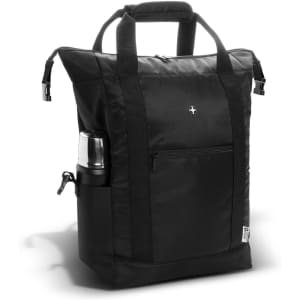 A black cooler toting backpack with a front pocket and a side bottle holder. It features sturdy handles and a logo.