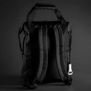 A black cooler tote pack with padded shoulder straps and a zipper closure, featuring a bottle opener attachment.