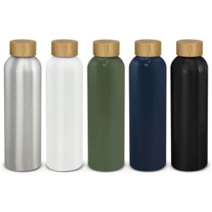 A drink bottle collection featuring aluminium in silver, white, green, navy, and black, each with a bamboo lid and branding.
