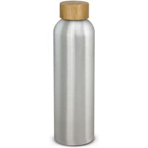 A drink bottle made from aluminium with a natural bamboo lid, featuring a sleek silver finish.