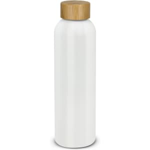 A drink bottle in white with a bamboo lid, featuring a sleek design and a logo on the side.