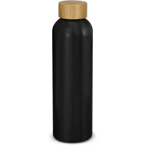 A drink bottle in matte black with a bamboo lid and a simple logo on the body.