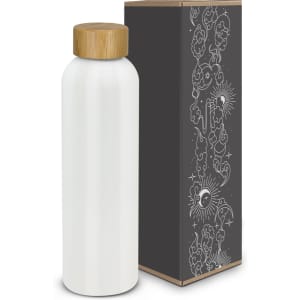 A drink bottle with a white aluminium body and a bamboo lid, accompanied by a decorative box featuring intricate designs.