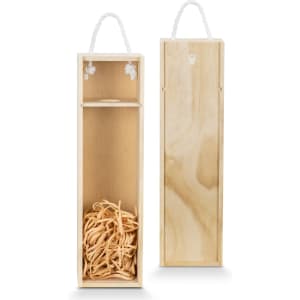 A wooden wine gift box with a rope handle, featuring shredded straw fill inside. The box is light in colour.