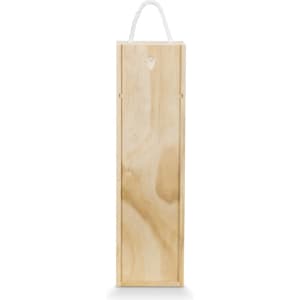 A wooden gift box with a natural finish and a white rope handle, suitable for wine.