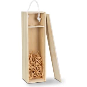 A wooden wine gift box in natural colour with a rope handle, lined with shredded paper inside.
