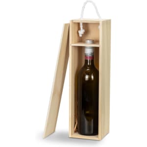 A wine bottle in a natural wood gift box with a rope handle, featuring a removable lid.