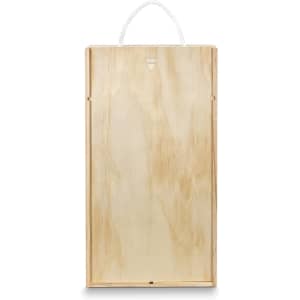 A wooden wine gift box in natural tone with a rope handle, designed to hold two bottles.