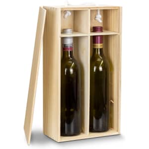 A wooden gift box containing two wine bottles, featuring a natural finish and a rope handle.