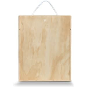 A wooden gift box with a rope handle, featuring a natural finish and a simple design.